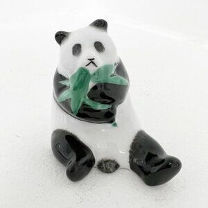 Small Glossy Porcelain Panda Eating Bamboo vintage figurine